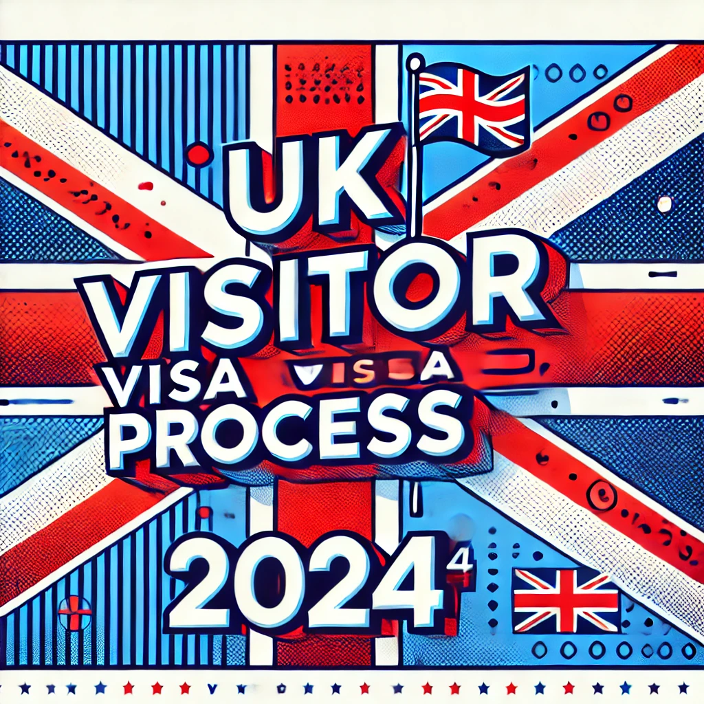 Traveler holding a passport at a UK visa application center with the British flag in the background.