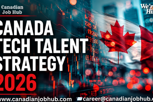 Canada Tech Talent Strategy 2026 infographic showing accelerated work permits, H-1B holder pathways, Canada PR options, technology jobs, visa sponsorship opportunities, and immigration routes for skilled professionals moving from the United States to Canada.