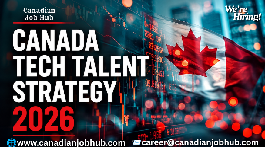 Canada Tech Talent Strategy 2026 infographic showing accelerated work permits, H-1B holder pathways, Canada PR options, technology jobs, visa sponsorship opportunities, and immigration routes for skilled professionals moving from the United States to Canada.