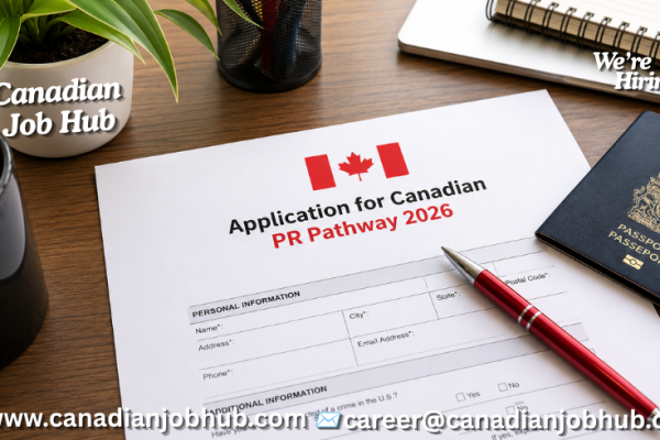 Canada PR Pathway 2026 guide showing Express Entry, Provincial Nominee Program, work permit, student, and family sponsorship routes to Canadian permanent residency.
