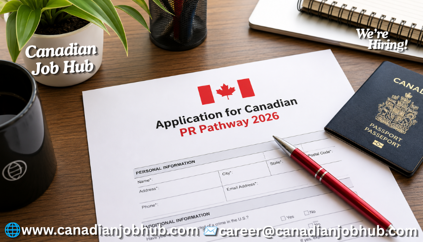 Canada PR Pathway 2026 guide showing Express Entry, Provincial Nominee Program, work permit, student, and family sponsorship routes to Canadian permanent residency.