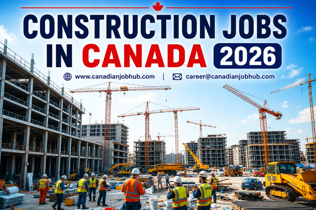 Construction workers building residential and commercial infrastructure in Canada with visa sponsorship opportunities for foreign workers in 2026.