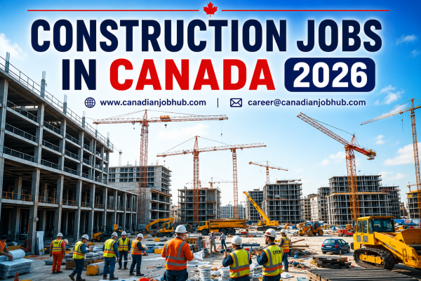 Construction workers building residential and commercial infrastructure in Canada with visa sponsorship opportunities for foreign workers in 2026.