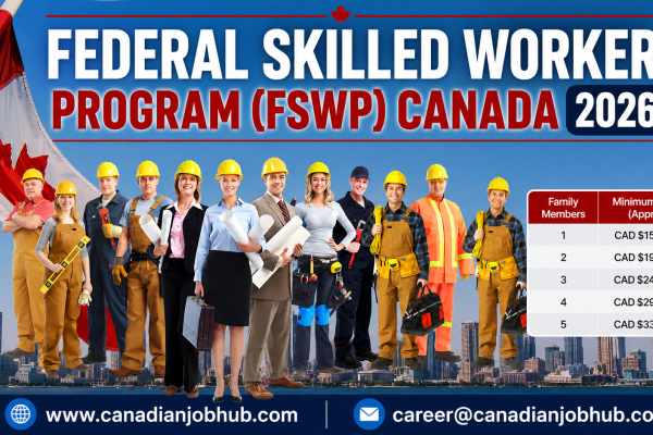 Federal Skilled Worker Program Canada 2026 guide showing skilled immigrants applying for Express Entry and Canadian Permanent Residence.