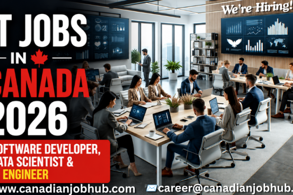 Software Developer, Data Scientist, and AI Engineer working in a modern Canadian technology company with Canada work visa and immigration concept.