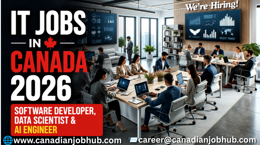 Software Developer, Data Scientist, and AI Engineer working in a modern Canadian technology company with Canada work visa and immigration concept.