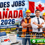 Skilled trades workers including electricians, welders, carpenters, plumbers, and mechanics working on construction and industrial projects in Canada under work visa sponsorship programs.