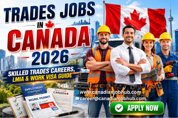 Skilled trades workers including electricians, welders, carpenters, plumbers, and mechanics working on construction and industrial projects in Canada under work visa sponsorship programs.